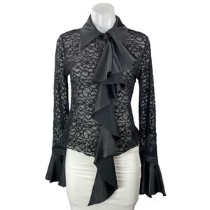 Sava Black Long Bell Sleeve Mesh Sheer Ruffle Floral Button Up Blouse Top Size M